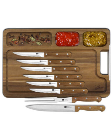 9-piece set - cutting board + 20 cm paring knife + meat fork + 6 CLASSIC steak knives