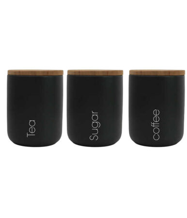 סט קרמיקה - לקפה /תה /סוכר בצבע שחור עם מכסה עץ