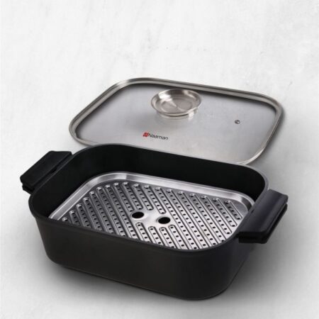 Roaster with aroma button and steaming tray