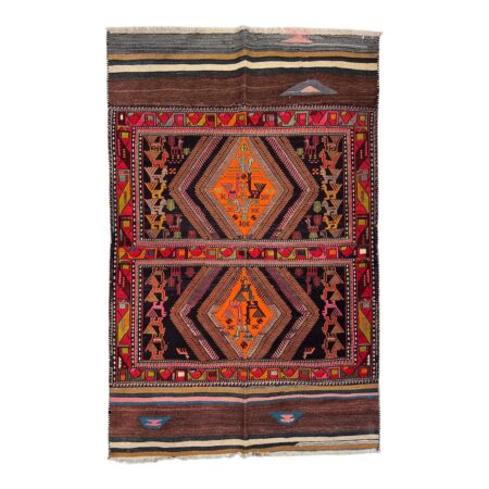 שטיח יוקרתי מצמר 203x132 ס"מ – אלגנטיות עם בעלי חיים ומוטיבים מופשטים בגווני אדמה ואבני חן