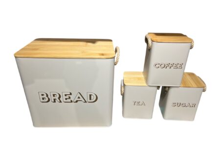 Kitchen storage box set with bamboo lid, 4 pcs, for tea, coffee, sugar, bread - white