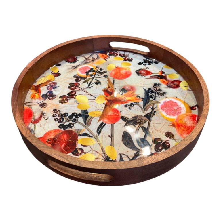 Круглый деревянный поднос ручной работы, сделанный в Индии. Модель 1.