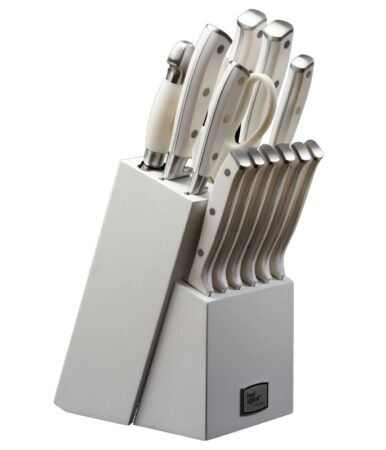 Блок из 14 ножей, включая 11 ножей \ ножниц \ точилку с белой ручкой + белая деревянная подставка CLASSIC