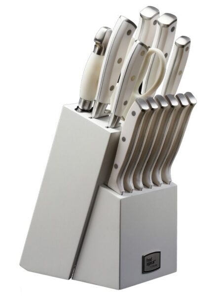 14-piece knife block including 11 knives \ scissors \ sharpener white handle + white wooden stand CLASSIC