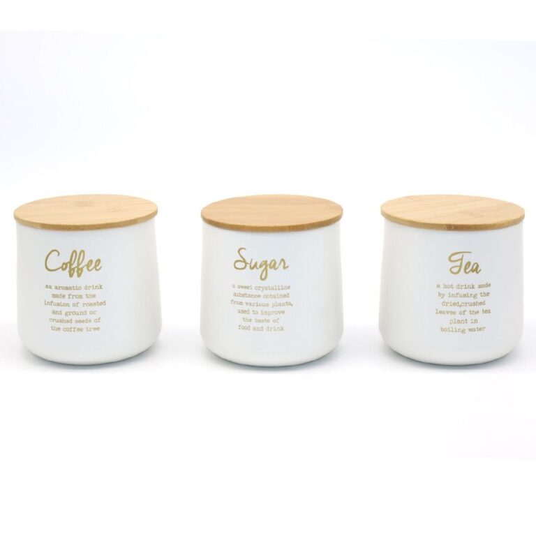 סט אחסון תה קפה סוכר COZY HOME מפח לבן עם מכסה במבוק