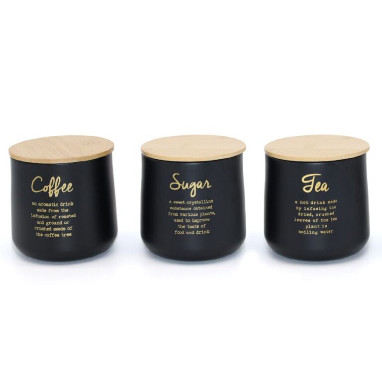 סט תה קפה סוכר COZY HOME מפח שחור עם מכסה במבוק