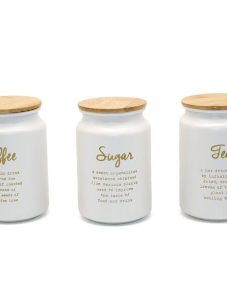 סט אחסון תה קפה סוכר COZY HOME מפח לבן עם מכסה במבוק
