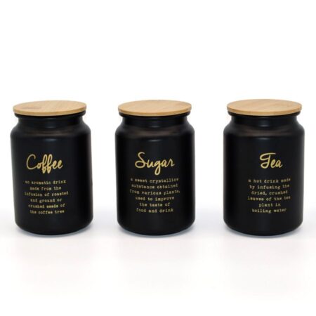 COZY HOME tea coffee sugar storage set black tin with bamboo lid