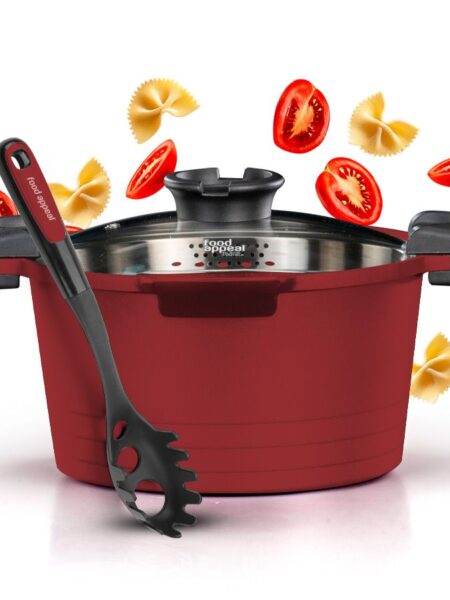 قدر باستا متعدد الاستخدامات 24 سم، سعة 4.7 لتر، مع ملعقة تقديم، بلاك ماربل روزا من Food Appeal
