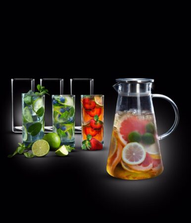 קנקן זכוכית לשתיה קרה 1.8 ליטר + 6 כוסות 370 מ"ל BAHAMAS