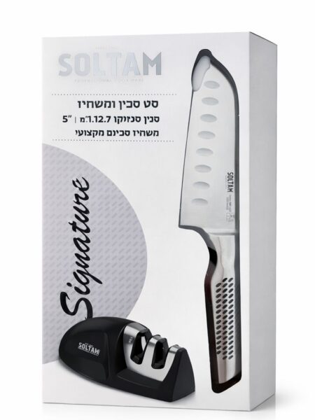 מארז סכין סנטוקו ומשחיז סולתם Signature