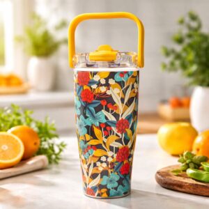 Yellow Floral Stainless Steel Travel Cup 900 ml