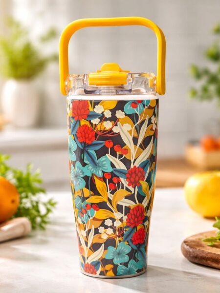 כוס נסיעות מפלדת אל חלד צהובה פרחונית 900 מ"ל