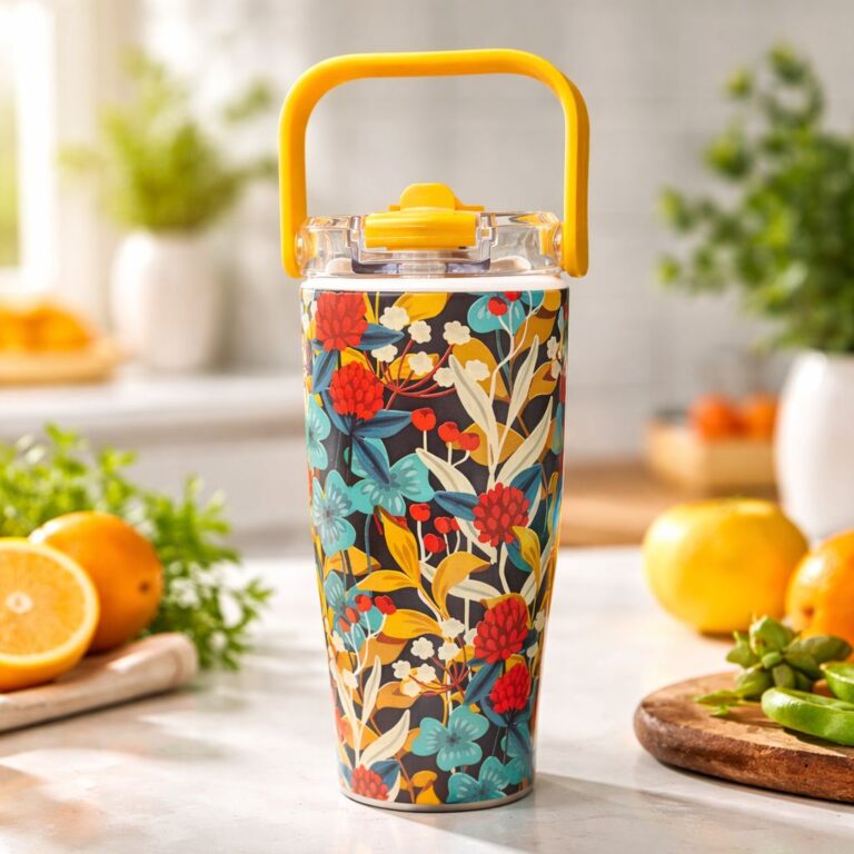 Yellow Floral Stainless Steel Travel Cup 900 ml