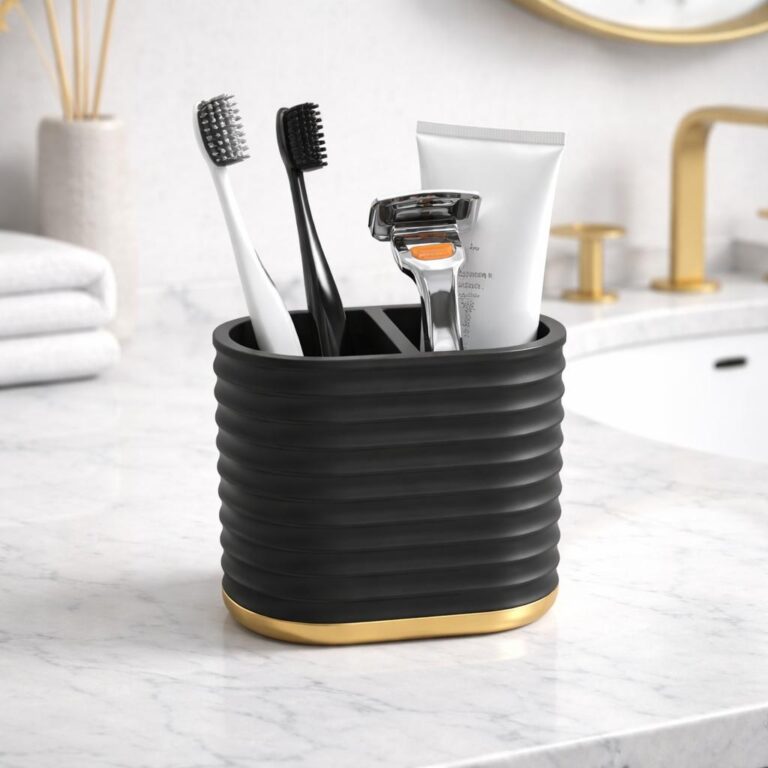 Modern Toothbrush Holder with Gold Base – Ribbed Design