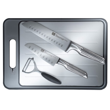 طقم سكاكين سانتوكو مكون من 4 قطع (18/13 سم)، مقشرة ولوح تقطيع