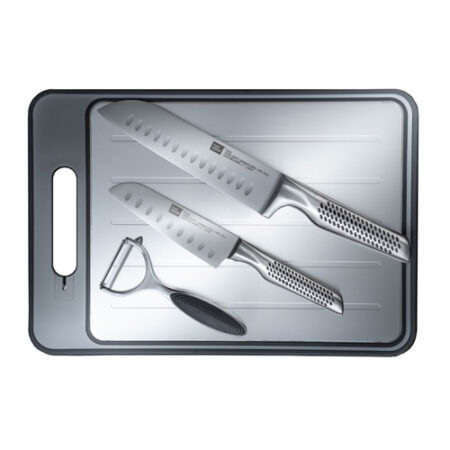 מארז 4 חלקים סכיני סנטוקו 18/13 ס"מ, קולפן וקרש חיתוך